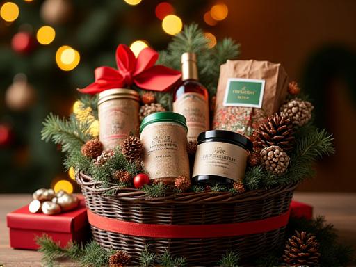 Un cesto gastronomico riccamente decorato per le festività natalizie.